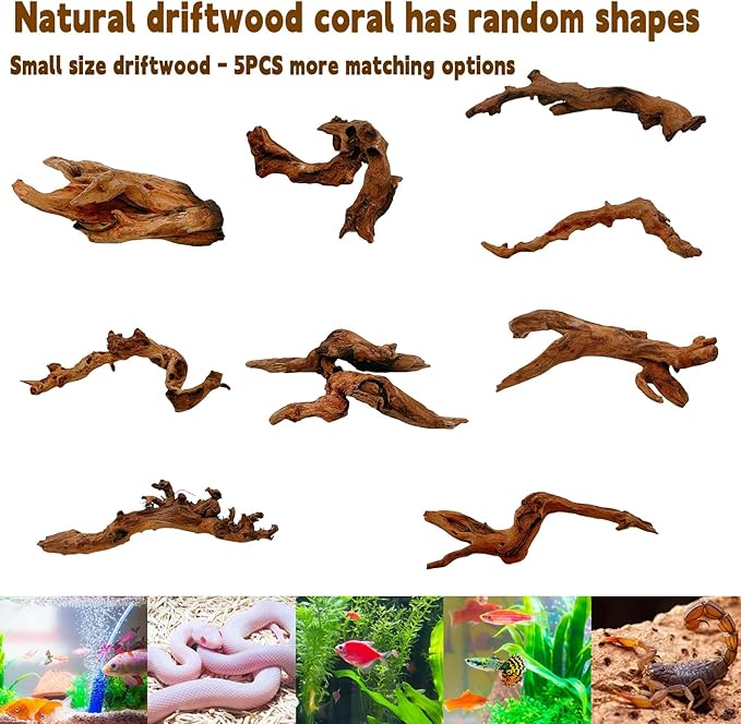 Hamiledyi 5PCS Aquarium Driftwood,3.5-7in Natural Coral Wood,Fish Tank Driftwood Assorted Branches Reptile Tank Decor Aquarium Decoration