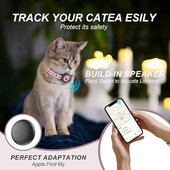 Airtag Cat Tracker Collar Waterproof - Airtag Cat Collar Breakaway - Smart Pet Activity Tracker - Breakaway Tractive with Reflective Pattern - Comfortable Padding, Adjustable (Pink)