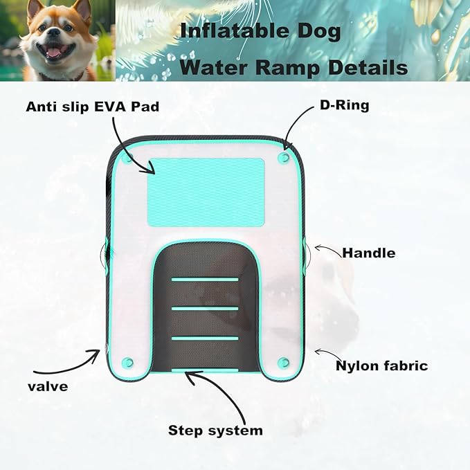HEYLIFE Inflatable Dog Water Ramp Pool Ladder for Boats Docks Raft Swimming Pools Pet Stairs Floating Sports Platform Up to 220LBS Bgreen 4ft x 3ft x 4in