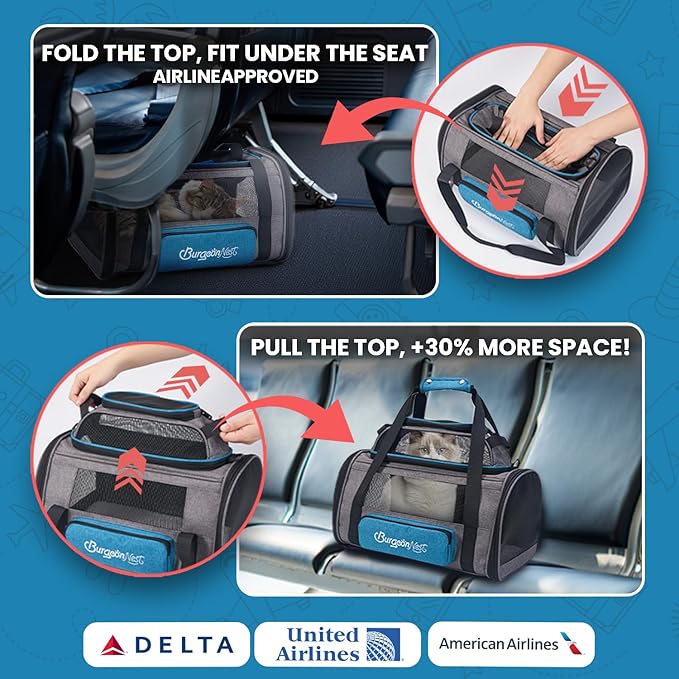 BurgeonNest Top-Expandable Pet Carrier, Airline Approved Dog Cat Carrier, Soft-Sided Puppy Kitten Carriers Up to 15 Lbs, Underseat Travel with Storage Pocket and Anti-Scratch Mesh, 18x11x11, Blue