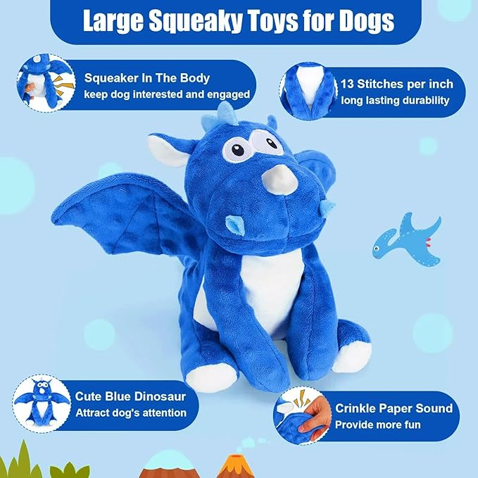 Plush Dog Toys, Tough Chew Toys for Dogs, Crinkle Stuffed Squeaky Toy for Small Medium Large Breed, Interactive Plush Toys to Keep Them Busy, Cute Dinosaur Dog Toy, Pet Toys