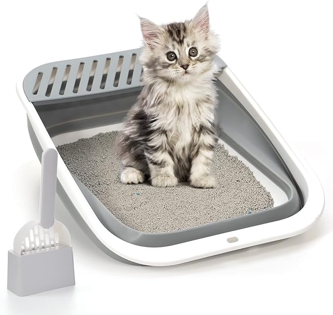 Open Top Cat Litter Box, Large Foldable Kitty Potty with Height-Adjustable Sides and Anti-Splash Design, Easy Clean with Cat Litter Scoop (Gray)