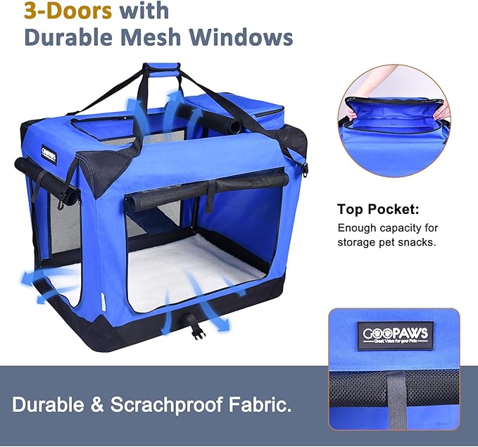 JESPET 36'' Soft Dog Crates Kennel for Pets, 3 Door Soft Sided Folding Travel Pet Carrier with Straps and Fleece Mat for Dogs, Cats, Rabbits, Grey Blue & Beige (36" L x 24" W x 27" H, Blue)