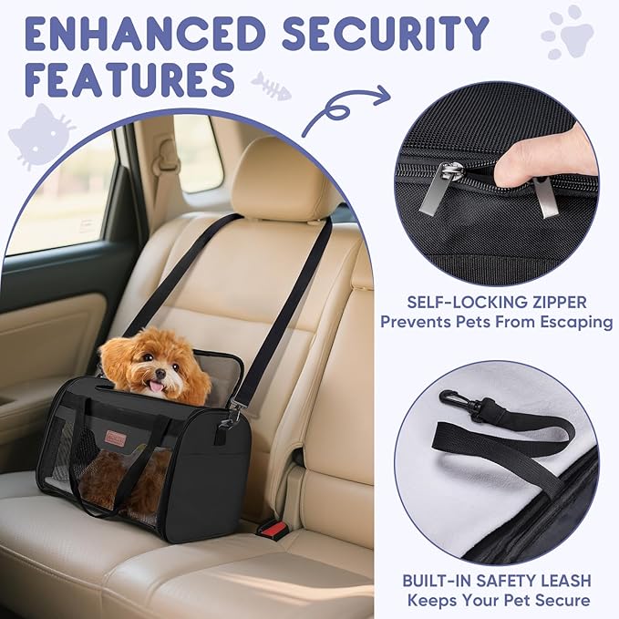 BALEINE Cat Carrier, Puppy Dog Carrier for Small Medium Pets Up to 15 Lbs, Soft-Sided Dog Travel Bag with Safety Zippers, Collapsible Pet Carrying Case (Black, L, 17"x11"x11")