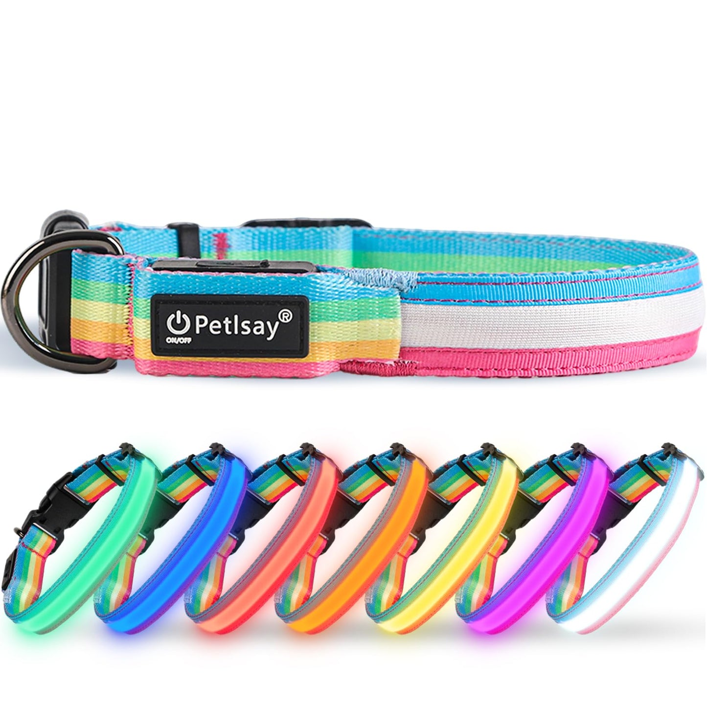 PetIsay LED Dog Collar - 7 Solid Colors & Memory - 300mAh Even Glow, No Half-Neck Light - USB-C Rechargeable, IPX7 Waterproof, Adjustable for Backyard, Hiking, Parties(Medium)