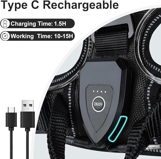 Taglory Light Up Dog Harness, Rechargeable No Pull Dog Vest with 3 Lightning Modes, Reflective Dog Harness with 2 Leash Clips & 4 Adjustable Slide Strips for Large Dogs, Black-Purple, L