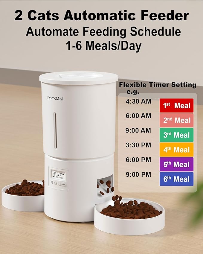 Automatic Dual Cats Feeder for 2 Cats,6 Meals/Day,12 Portions/Meal,Dual Power Auto Pet Feeder Dry Food Dispenser,Flexible Schedule Timer 10S Voice Record (White, ABS Dual Bowls)
