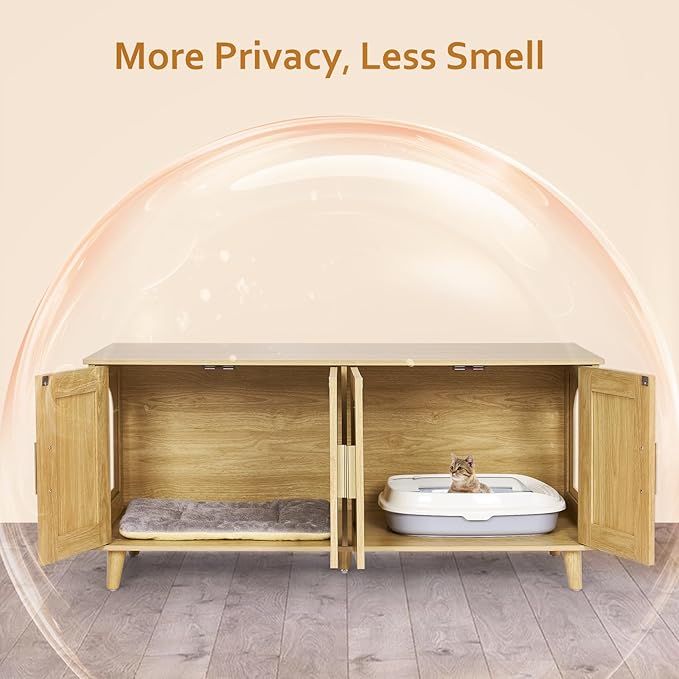 Homhedy Boho Cat Litter Box Enclosure for 2 Cats, Wooden Cat Washroom Furniture with Double Rattan Decorated Doors, Pet House,47.2”L x 19.7”W x 21.7”H, Natural