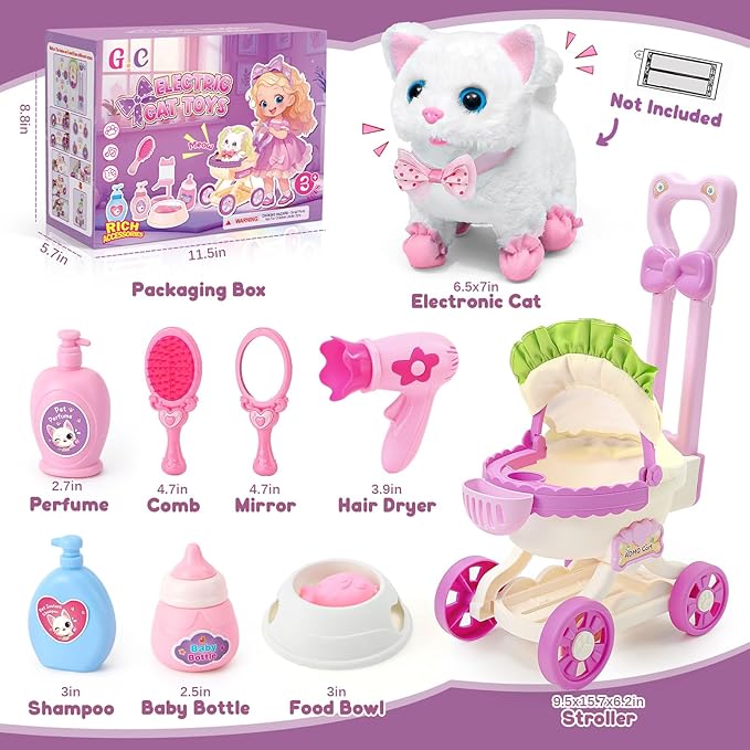 G.C Cat Toys for Kids Girls, Electronic Interactive Stuffed Cat Walk Meow and Wag Tail with Stroller Pet Care Accessories Toys Pretend Play Birthday Gifts for Toddlers Girls 3 4 5 6 7 8 Year Old