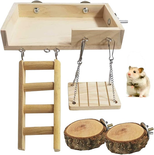 kathson Hamster Toy Set with Platform, Ladder, Swing - 5PCS Wooden Climbing Playground Accessories for Gerbils, Dwarf Hamsters, Rats, Chinchillas