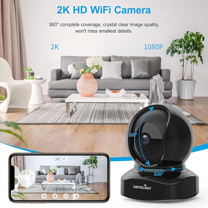 Wansview Security Camera Indoor, 360 Degree WiFi Home Security Cameras for Pet/Dog/Nanny, 2 Way Audio Night Vision, Works with Alexa, with TF Card Slot and Cloud, 2.4Ghz, Q5 (Black, 3MP)