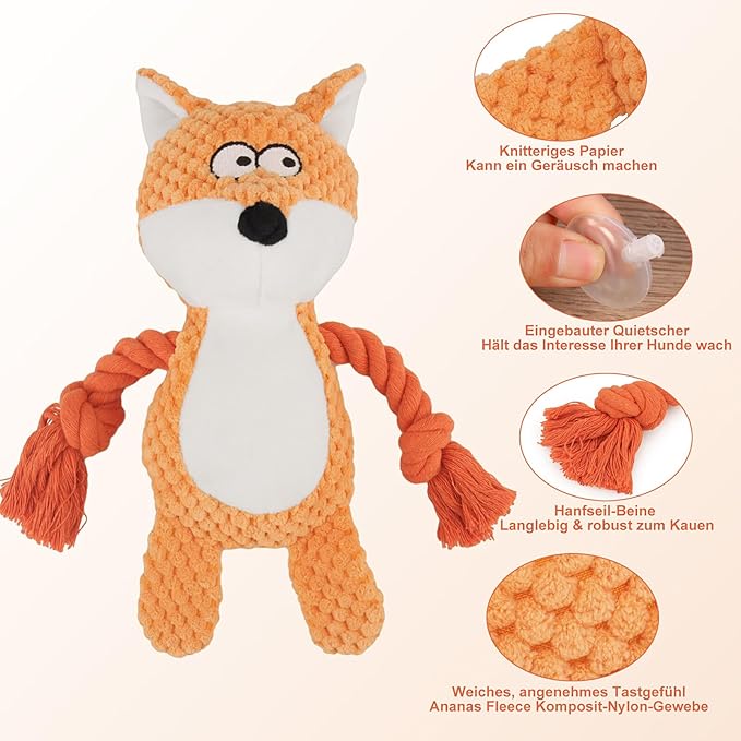 Dog Toys, Dog Squeaker Toys with Crinkle Paper, Stuffed Animal Dog Plush Chewing Toy, Cotton Rope Interactive Toys for Puppy, Small, Middle Dogs (Orange Fox)