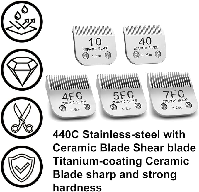 Docal Detachable Clipper Ceramic Blades 10#/40#/4FC/5FC/7FC Silver, Dog Grooming Clipper Replacement Blades Compatible with KM Series Clippers, Most A5, Cut Length 0.25mm to 9.5mm, 5 Packs