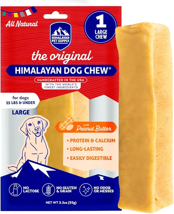 Himalayan Chew Original Yak Cheese Chew, Peanut Butter, 1 Large Stick, 3.3 oz, Gluten Free, Healthy Treats, Grain & Lactose Free 100% Natural, Long Lasting Chews for s Under 55 lbs