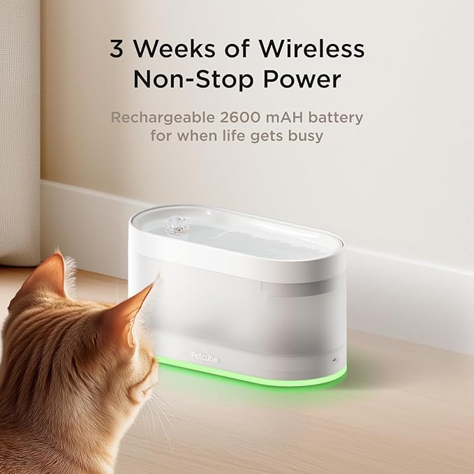 Petcube Pet Water Fountain | Automatic Wireless Fountain for Cats and Dogs with Stainless Steel Bowl, Easy to Clean, 4-Layer Filtration, in-App Filter Control, LED Light, Quiet Pump, Battery Operated