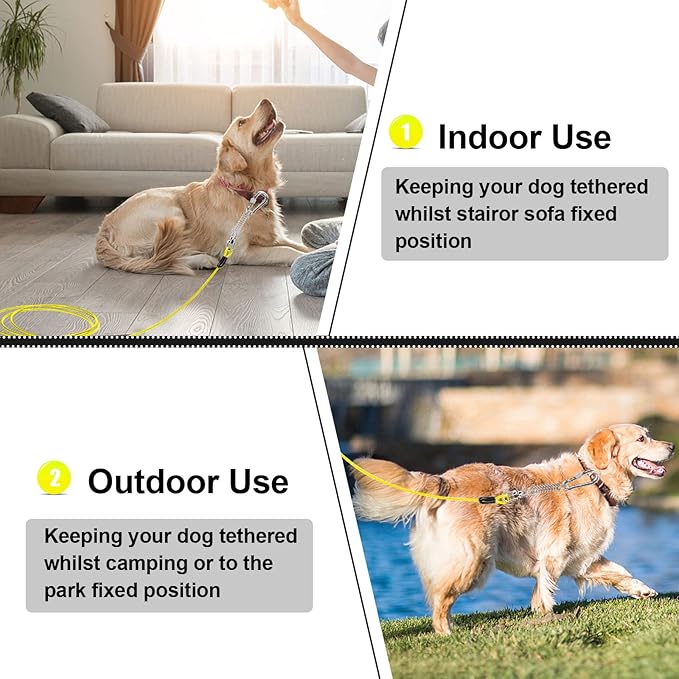 Jenico Dog Tie Out Cable, 10/15/20/30/40/50/70/100/150FT Runner Cable with Swivel Hook and Shock Spring, Outdoor and Camping Dog Leash Run Tether for Small to Medium Pets Up to 500 LBS