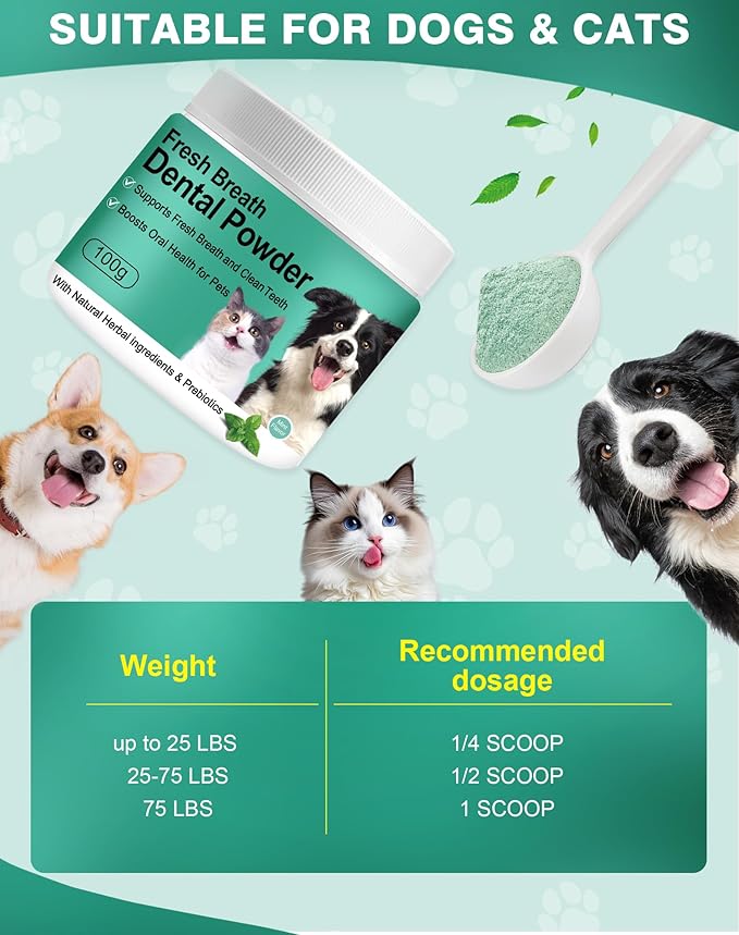 Koite Dog Teeth Cleaning Powder 100g Mint Fights Plaque & Tartar Freshens Breath All-Natural Ingredients for Dogs of All Breeds and Ages Easy to Use Dog Dental Powder E