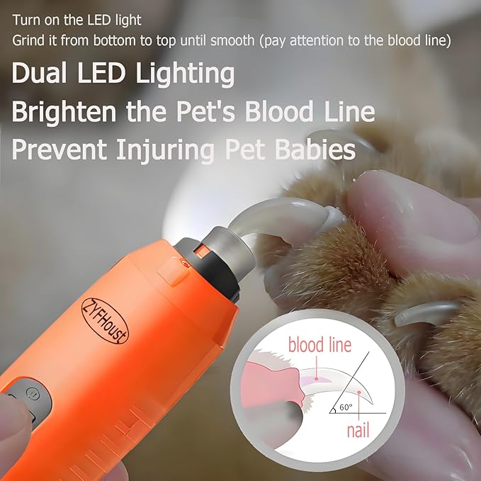 Dog Nail Trimmers, Professional Electric Dog Nail Grinder, Silent Groom Pro Nail Grinder Quiet with 2 LED Lights, 2 Grinding Wheels for Large Medium Small Dogs and Cat (Orange)