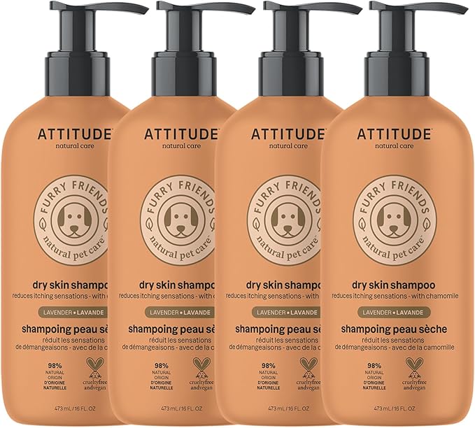 ATTITUDE Natural Itch Soothing Shampoo for Cat & Dog, Vegan and Cruelty-Free, Grooming Products, Lavender, 16 Fl Oz (Pack of 4)