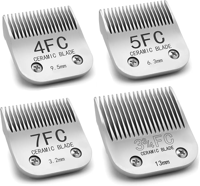 3FC/4FC/5FC/7FC Silver Detachable Clipper Ceramic Blades, Dog Grooming Clipper Replacement Blades Compatible with KM Series Clippers, Most A5, Size-3FC/4FC/5FC/7FC, Cut Length 3.2mm to 13mm, 4 Packs