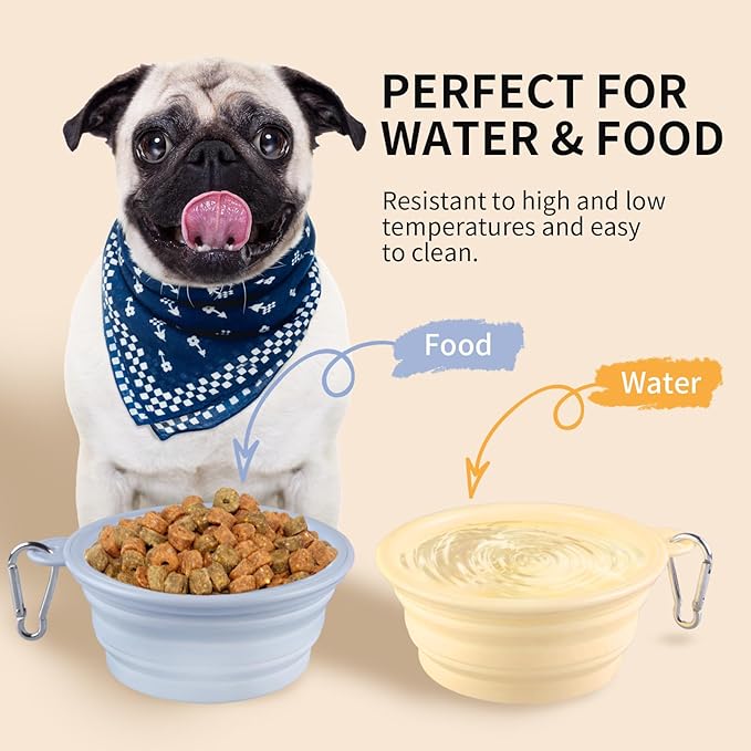 Collapsible Dog Bowls 2-Pack, Portable Travel Dog Bowl with Carabiner, Food-Grade Silicone Pet Bowl for Hiking, Walking(Macaron Blue and Yellow)