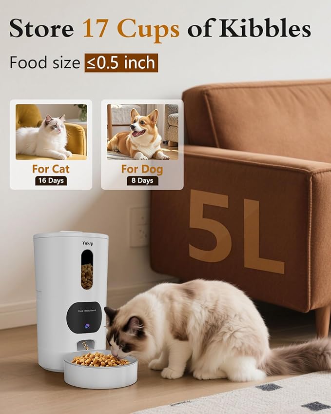 Yakry Automatic Cat Feeder with Camera - 5G WiFi Easy Setup App Control Cat Dry Food Dispenser with Stainless Steel Bowl, 17 Cups, HD 1080P Video with Night Vision for Small Pets Indoor