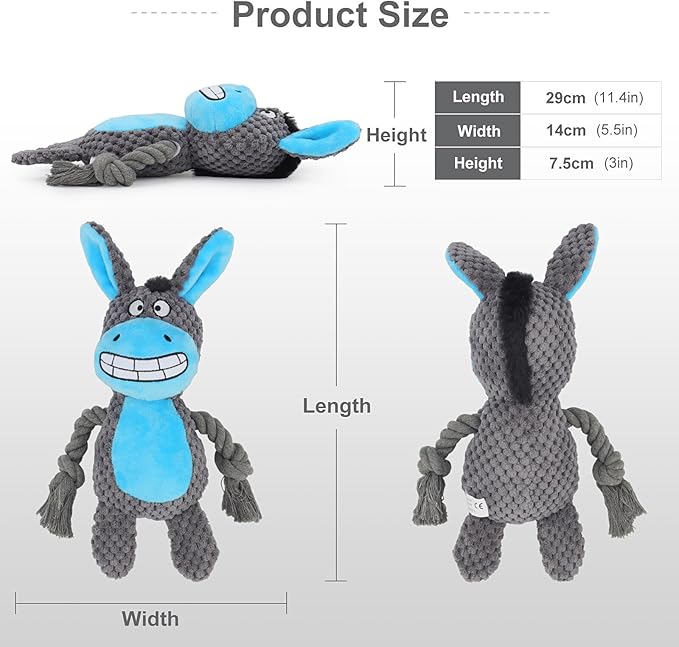 Dog Toys, Dog Squeaker Toys with Crinkle Paper, Stuffed Animal Dog Plush Chewing Toy, Cotton Rope Interactive Toys for Puppy, Small, Middle Dogs (Dark Gray Donkey)
