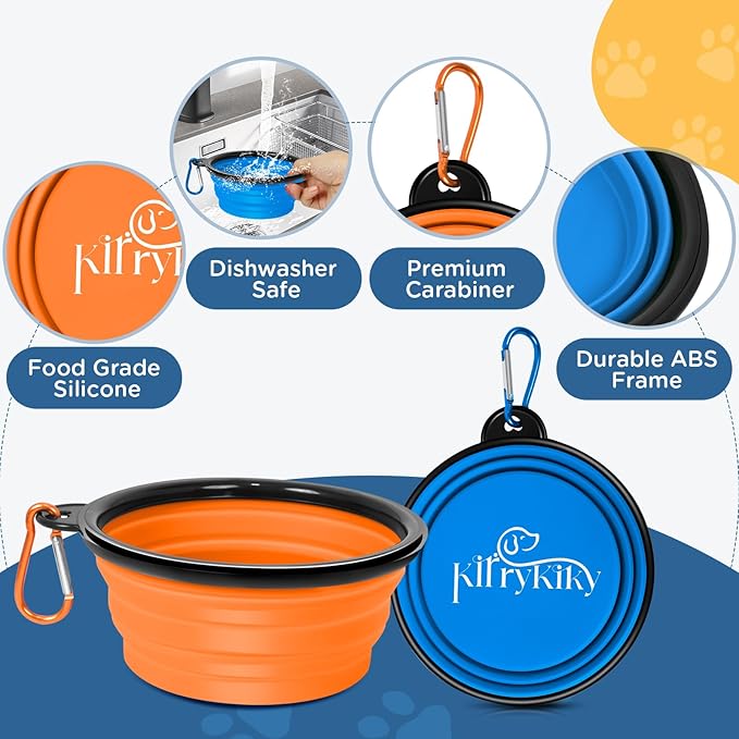 Collapsible Dog Bowls Medium, 2 Pack 22oz Portable Travel Dog Bowls, Foldable Water Bowl for Dogs Cats, Pet Feeding Watering Dish with Carabiner, Food Grade Silicone BPA Free(Blue+Orange, M)
