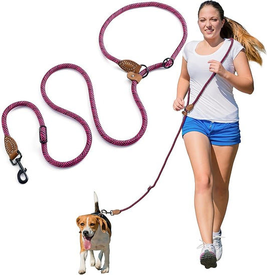 Mile High Life Hands Free Dog Leash, Crossbody Waist Leash with Genuine Leather Connection, Multifunctional Adjustable Slip Lead for Dog Walking Running (Hot Pink, 7FT)