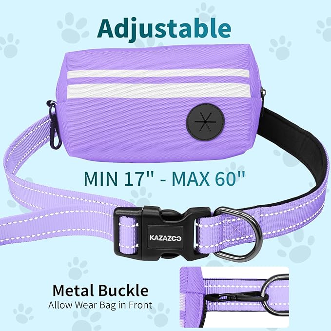 Hands Free Dog Leash with Removable Zipper Pouch, Dual Padded Handles and Durable Bungee for Walking, Jogging and Running-Purple