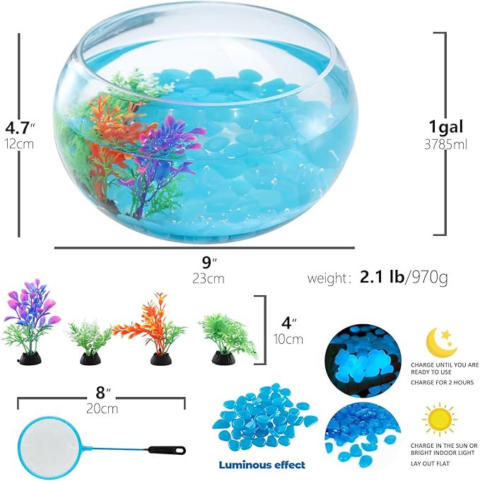 1 Gallon Glass Fish Bowl with Decor, Include Fluorescent Rocks & Colorful Plastic Trees, High White Glass for Clear View, Small Fish Bowl/Aquarium for Betta/Goldfish, Nice Home Décor