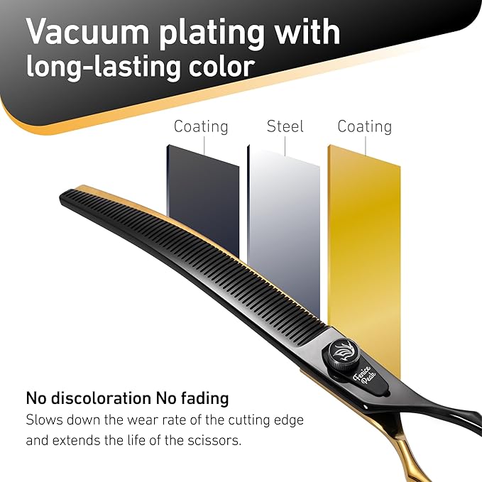Fenice Peak Black and Golden Professional Curved Thinning Dog Grooming Scissors 7.5'' 440C Stainless Steel Thinner Shear Sharp and Durable with Decorative Screw