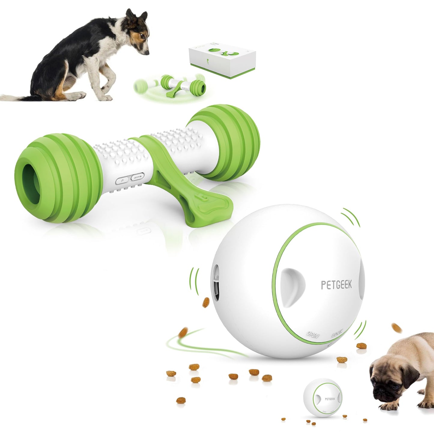 PETGEEK Bundle 2 items Treat Dispenser Dog Toys Automatic Dog Bone Toy & Gigwi Interactive Dog Puzzle Toys Automatic Pet Feeder with Dual Power Supply and Remote Control