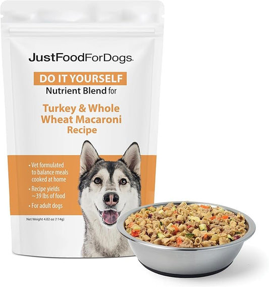 JustFoodForDogs DIY Nutrient Blend for Homemade Dog Food, Turkey & Whole Wheat Macaroni Recipe