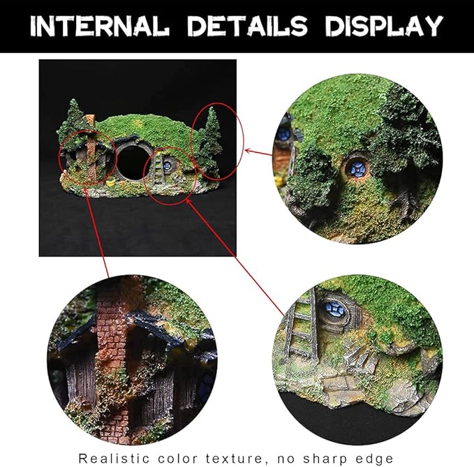Hobbit Fish Tank Decorations Reptile House Hidden Hole Landscaping for Aquarium and Reptiles Decorations Mini Garden Decorating Two Sizes (L)