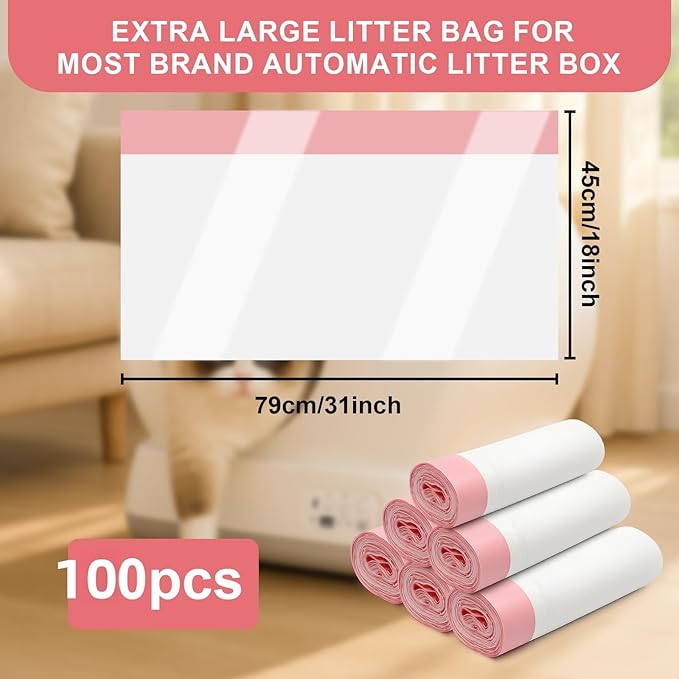 100Pack Extra Large Cat Litter Box Liners with Drawstring Compatible with Litter Robot 3/4, 4Mil Thickened Cat Litter Bags for Self Cleaning Box, Waste Bags Receptacles Bags for Automatic Litter Box