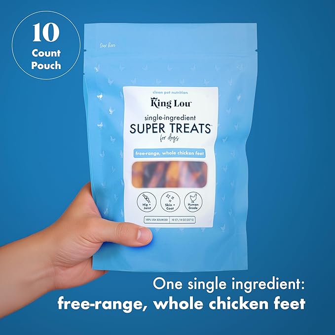 King Lou Pets - Whole Chicken Feet for Dog - Dehydrated Chicken Feet for Dog Treats - USA-Made Dental Treats for Dogs - Collagen, Glucosamine, Chondroitin for Hip and Joints - 10 Count