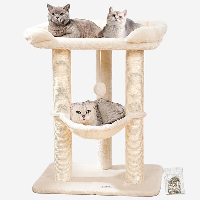 Happi N Pets 28" Large Cat Tree Tower for Indoor Cats, Cat Scratch Post with Large Bed for Maine Coon Big Cats, Sisal Cat Scratcher with Soft Perch & Hammock, Stable Cat Stand, Removable Cover-Beige