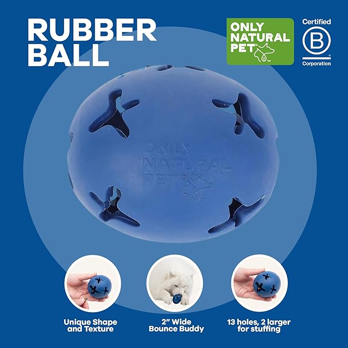 Only Natural Pet Rubber Boredom Buster Treat Stuffer Dog Toys - Interactive Stuffable Feeder Dispenser Fillable Durable Play Puppy Medium Large XS Chew Pup Hide Holder Easy Refill -RubberBall/DarkBlue