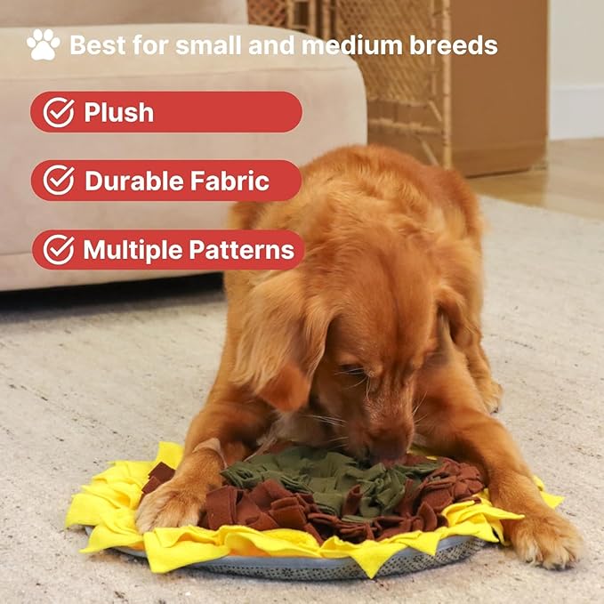Snuffle Mat for Dogs Sunflower, Large Dog Snuffle Mat 19” x 19”, Plush Enrichment Toy Slow Feeder, Mental Health Puppy Chew Toys to Keep Them Busy, Machine Washable, Snuffle Mat for All Breeds Sizes