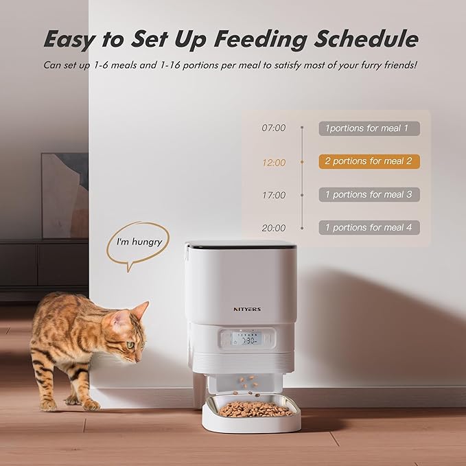 Automatic Cat Feeders - Nityers 4L Dog Automatic Feeders with Stainless Steel Bowl,1-6 Meals Per Day, Programmable Portion Size, Detachable Washable, Auto Pet Feeder for Cats and Dogs