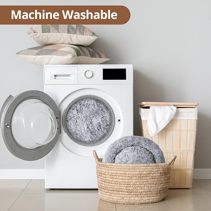 JOLLYVOGUE Medium Calming Dog Bed, Anti-Anxiety Donut Cuddler Cat Bed with Anti-Slip Bottom, Fluffy Faux Fur Machine Washable Pet Cushion for Medium Large Dog & Cat, 31"/Smoke Gray