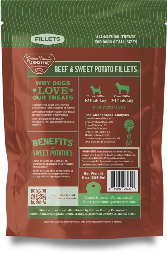 Gaines Family Farmstead Beef & Sweet Potato Fillets for Dogs - 8 oz, All-Natural, Grain-Free, Healthy Dog Treats for All Ages & Breeds, Made in USA