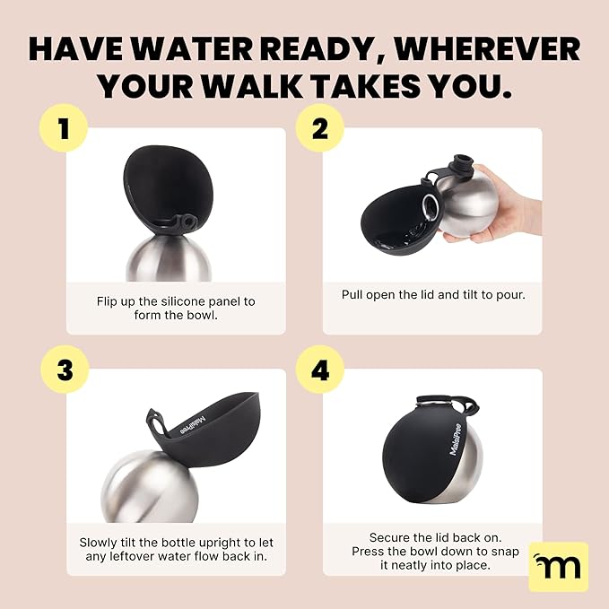 Malsipree 2-in-1 Portable Dog Water Bottle & Bowl for Small Dogs - Leak Proof & Insulating - Travel Water Dispenser - Stainless Steel Bottle & Silicone Bowl - Walking & Hiking (10 fl oz, Black)