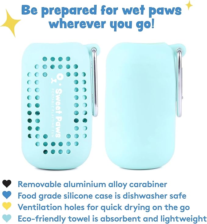 Sweet Paws Portable Dog Paw Towel, Lightweight & Super Absorbent Microfiber, Clips onto Leash, Quick Drying Towel for Dogs Paws with Silicone Case, Dry Dog’s Paws on The Go - 3 Pieces Set - Large