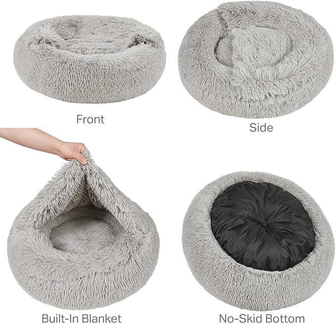 Friends Forever Luna Donut Cat Bed Cave, Soft Faux Fur Hooded Blanket Dog Couch For Indoor Pet, Fluffy Calming Plush Shag, Cozy Round Cushion, Machine Washable Cuddler, Self Warming, Grey