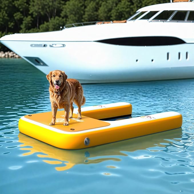 Inflatable Dog Boat Ramp, 47" L x 32" W x 6" H Perfect for Mid-Sized Pets Up to 220 lbs, Boat Water Ladder with Claw-Friendly High Stability Non-Slip EVA Float for Pool, Lake, Dock & Seat