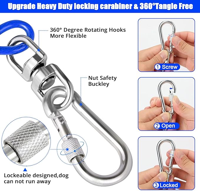 Jenico Dog Tie Out Cable - 10/15/20/30/40/50/70/100/150FT Runner Cable with Swivel Hook and Shock Spring, Outdoor and Camping Dog Leash Run Tether for Small to Medium Pets Up to 500 LBS