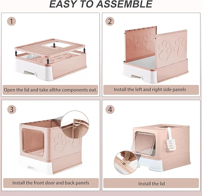 Upgrade Portable Litter Box, Top Entry Cat Box with Lid, No Leakage Kitty Box with Scoop and Mat, Easy Cleaning Cat Box Enclosure (Pink)