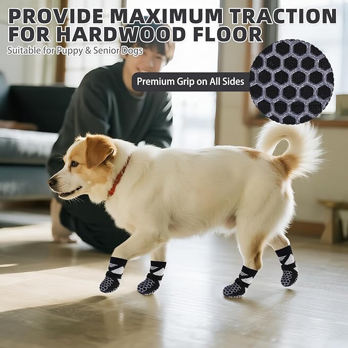 KOOLTAIL Dog Socks for Hot Pavement, Summer Breathable Dog Socks to Prevent Licking Paws, Non Slip Pet Boots & Paw Protectors for Hardwood Floor,Grippy Shoes for Small Medium Large Senior Dogs,Black L